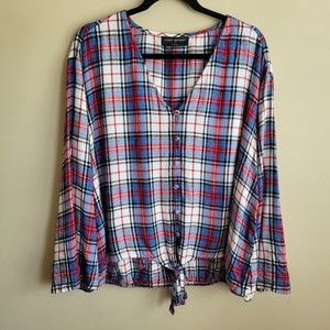 Lane Bryant Womens Blouse Plus Size 16 Plaid Front Tie Long Sleeves V Neck